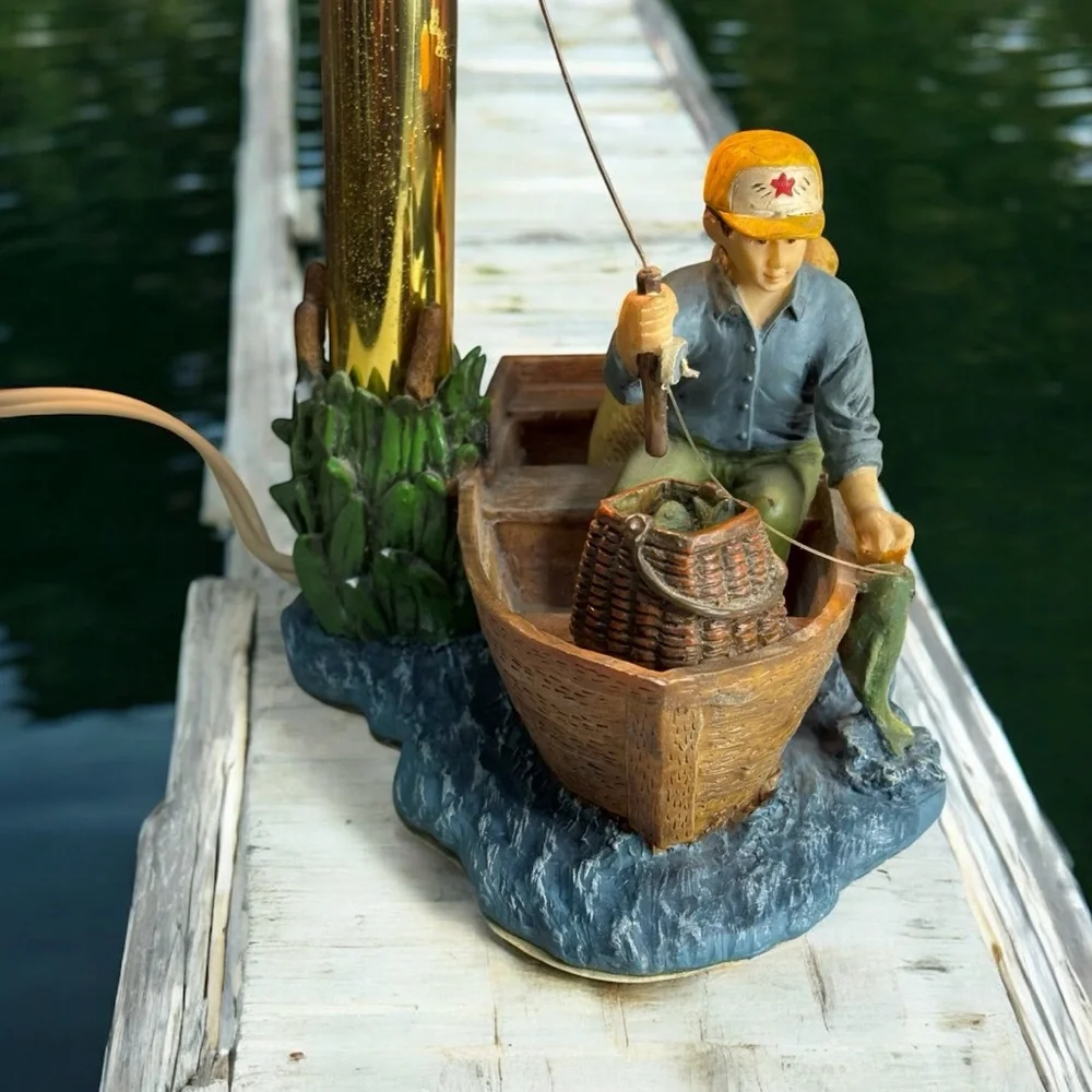 Vintage JSNY Decorative Fisherman Table Accent Lamp Night Light Row Boat Dog